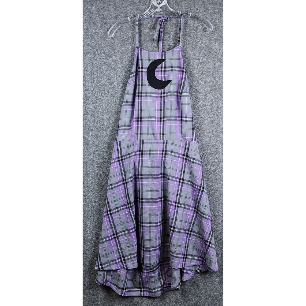 Hot Topic Pinafore Dress Womens 2 Purple Plaid Crescent Moon Halter Goth Alt